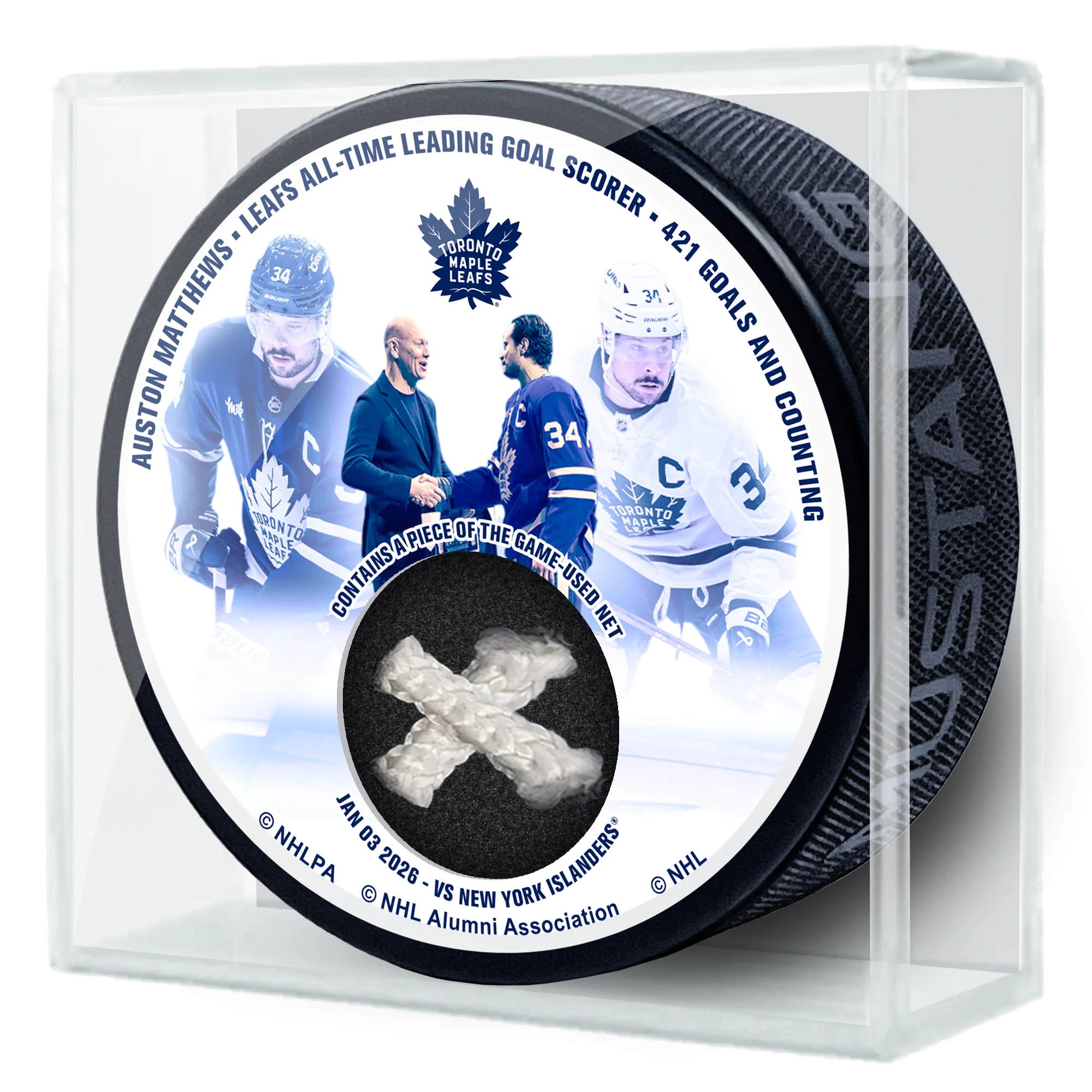 Auston Matthews Maple Leafs All Time Goal Leader Puck With Piece of The Net - Image 2